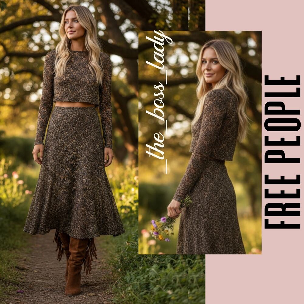 Free People skirt set co-ord top and midi skirt lace matching set boho Small